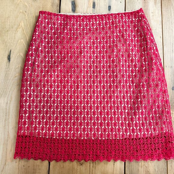 Mi Ami Red Crocheted Skirt Pencil Lace M Lined - Picture 6 of 7